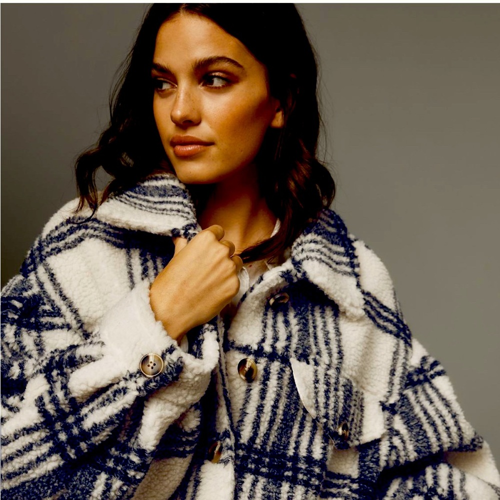 Pilcro Ivory and Navy Plaid Sherpa Utility Jacket
